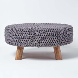 Sea Grey Knitted Flat Footstool with Wooden Legs Large 62 x 62 x 30 cm