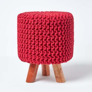 Red Knitted Cotton Tall Footstool with Wooden Legs 42 x 32 x 32 cm