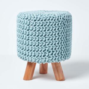 Homescapes Baby Blue Tall Knitted Footstool with Wooden Legs