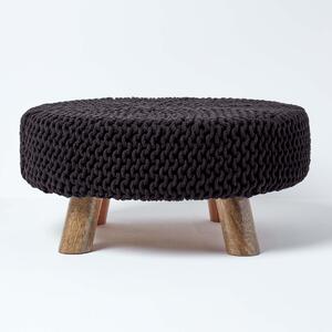 Black Knitted Cotton Footstool with Wooden Legs Large 62 x 62 x 30 cm