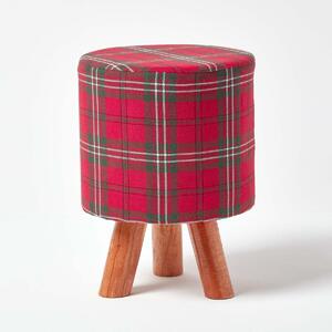 Homescapes Red Tartan Fabric Footstool with Wooden Legs