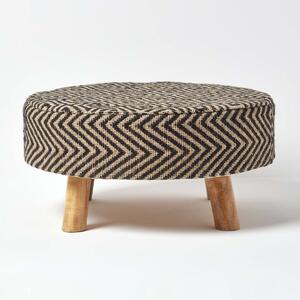 Homescapes Black and Natural Circular Footstool with Diamond Pattern