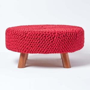 Red Knitted Cotton Footstool with Wooden Legs Large 62 x 62 x 30 cm