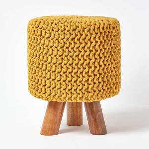 Mustard Knitted Cotton Tall Footstool with Wooden Legs 42 x 32 x 32 cm