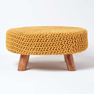 Mustard Knitted Cotton Footstool with Wooden Legs Large 62 x 62 x 30 cm