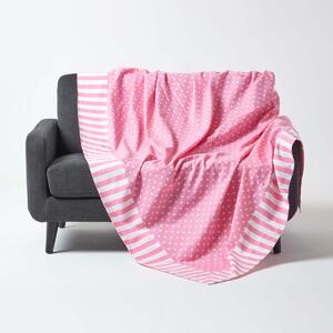 Homescapes Cotton Pink Polka Dots and Stripes Sofa Throw