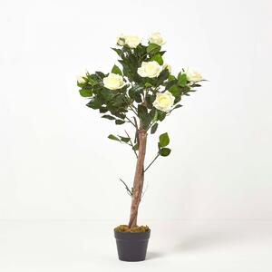 Lifelike Artificial White Rose Ball Tree with Real Wooden Trunk, 90cm