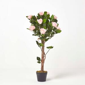 Pink Potted Rose Tree Artificial Plant with lifelike green leaves and single trunk, 90 cm