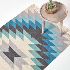 Helsinki Handwoven Geometric Pattern Blue Grey and Cream Kilim Wool Rug, 90 x 150 cm