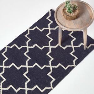 Edmonton Navy Blue and White 100% Cotton Geometric Pattern KIlim Hall Runner, 66 x 200 cm