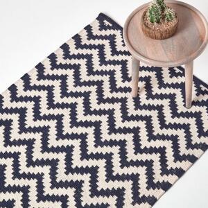 Casablanca Handwoven Zig Zag Pattern Dark Blue and White 100% Cotton Kilim Rug, 90 x 150 cm