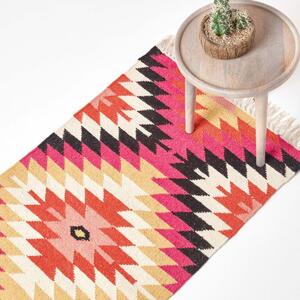 Jakarta Handwoven Pink, Orange and Yellow Multi Coloured Geometric Pattern KIlim Wool Hall Runner, 66 x 200 cm