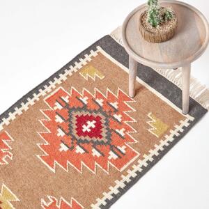 Jaipur Handwoven Brown and Orange Patterned Kilim Wool Hall Runner, 66 x 200 cm