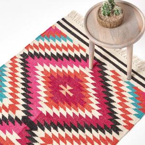 Manila Handwoven Pink, Orange and White Multi Coloured Diamond Patterned Kilim Wool Rug, 90 x 150 cm