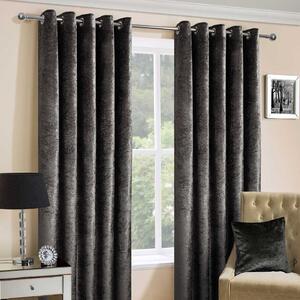 Homescapes Dark Grey Luxury Crushed Velvet Lined Eyelet Curtain Pair, 46 x 72"