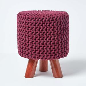 Homescapes Plum Tall Knitted Cotton Footstool with Legs