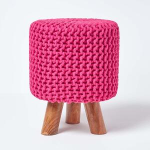 Homescapes Hot Pink Tall Knitted Cotton Footstool with Legs