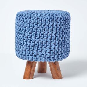 Blue Knitted Cotton Tall Foostool with Wooden Legs 42 x 32 x 32cm