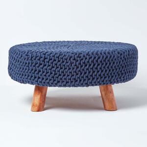 Homescapes Navy Blue Flat Circular Knitted Footstool with Legs