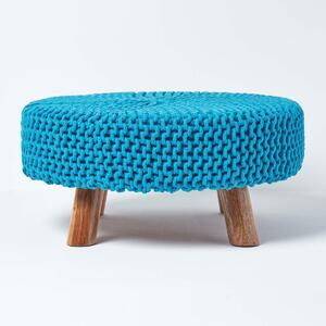 Homescapes Teal Blue Flat Circular Knitted Footstool with Legs