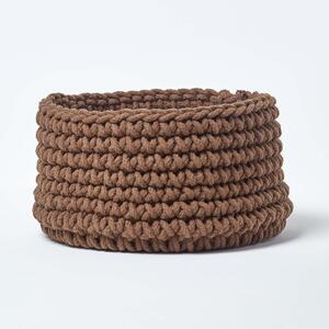 Homescapes Chocolate Cotton Knitted Round Storage Basket, 37 x 21cm