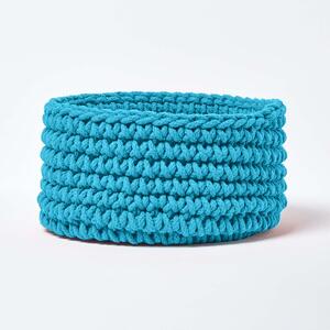 Homescapes Teal Blue Cotton Knitted Round Storage Basket, 37 x 21cm