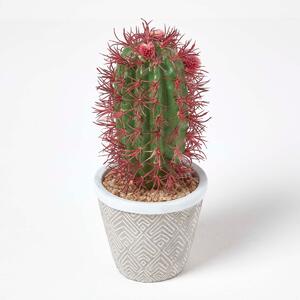 Denmoza Artificial Cactus with Flowers in Patterned Pot, 25 cm Tall