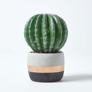 Golden Barrel Artificial Cactus in Contemporary Stone Pot, 19 cm Tall