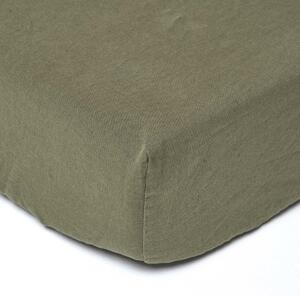 Homescapes Khaki Green Linen Fitted Sheet, Small Double