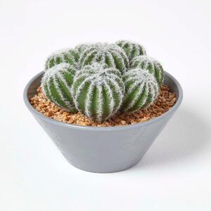 Lifelike Artificial Barrel Cactus in Round Grey Pot, 17 cm Tall