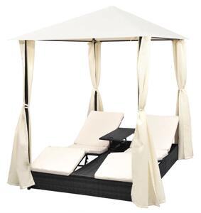 Double Sun Lounger with Curtains Poly Rattan Black