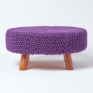 Purple Knitted Flat Footstool with Wooden Legs Large 62 x 62 x 30 cm