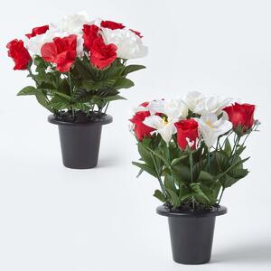 Homescapes Set of 2 Red Rose & White Peony Artificial Grave Flower Pot