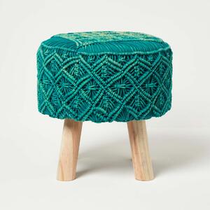 Homescapes Teal Green Macrame Footstool Pouffe on Legs 43cm Tall