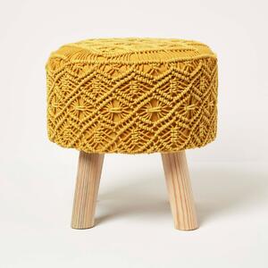 Homescapes Mustard Yellow Macrame Footstool Pouffe on Legs 43cm Tall