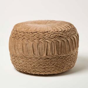 Sofia Natural Pleated & Braided Velvet Pouffe Round Footstool 50cm Wide