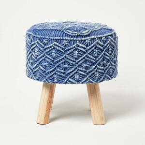 Homescapes Blue Macrame Footstool Pouffe on Legs 43cm Tall