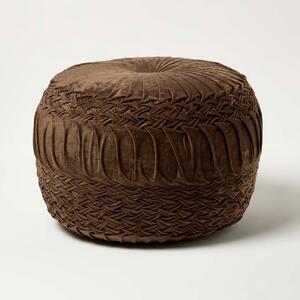 Sofia Brown Pleated & Braided Velvet Pouffe Round Footstool 50 cm Wide