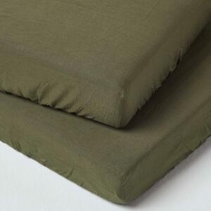 Homescapes Pair of Dark Green Fitted Cot Sheets Linen & Cotton Blend