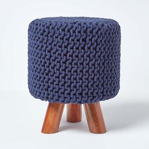 Homescapes Navy Knitted Footstool with Tripod Wooden Legs