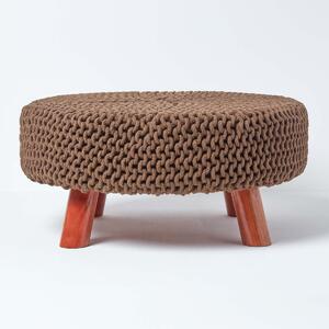 Homescapes Chocolate Brown Flat Circular Knitted Footstool with Legs