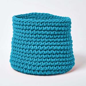 Homescapes Teal Blue Cotton Knitted Round Storage Basket, 42 x 37cm