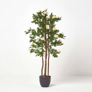 Artificial White Rose Tree – Potted with Real Wood Stems, 4 Feet