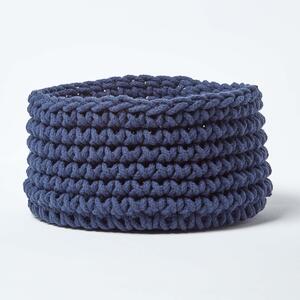 Homescapes Navy Blue Cotton Knitted Round Storage Basket, 37 x 21 cm