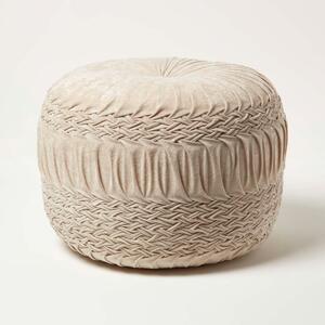 Sofia Cream Pleated & Braided Velvet Pouffe Round Footstool 50 cm Wide