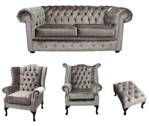 Chesterfield 2 Seater +Mallory Chair +Queen Anne Chair + Footstool Verity Silver Fabric Sofa Suite