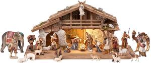Wooden Alpine stable Kostner with lighting and 29 figurines