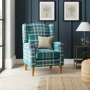 Oswald Check Wingback Armchair Teal (Green)