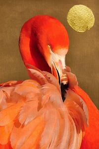 Illustration Flamingo With Golden Sun, Kubistika, (26.7 x 40 cm)
