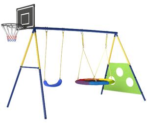 AIYAPLAY 4-in-1 Kids Swing Set with Saucer Swing, Basketball Hoop and Football Goal, Outdoor Playground Playset for Garden
